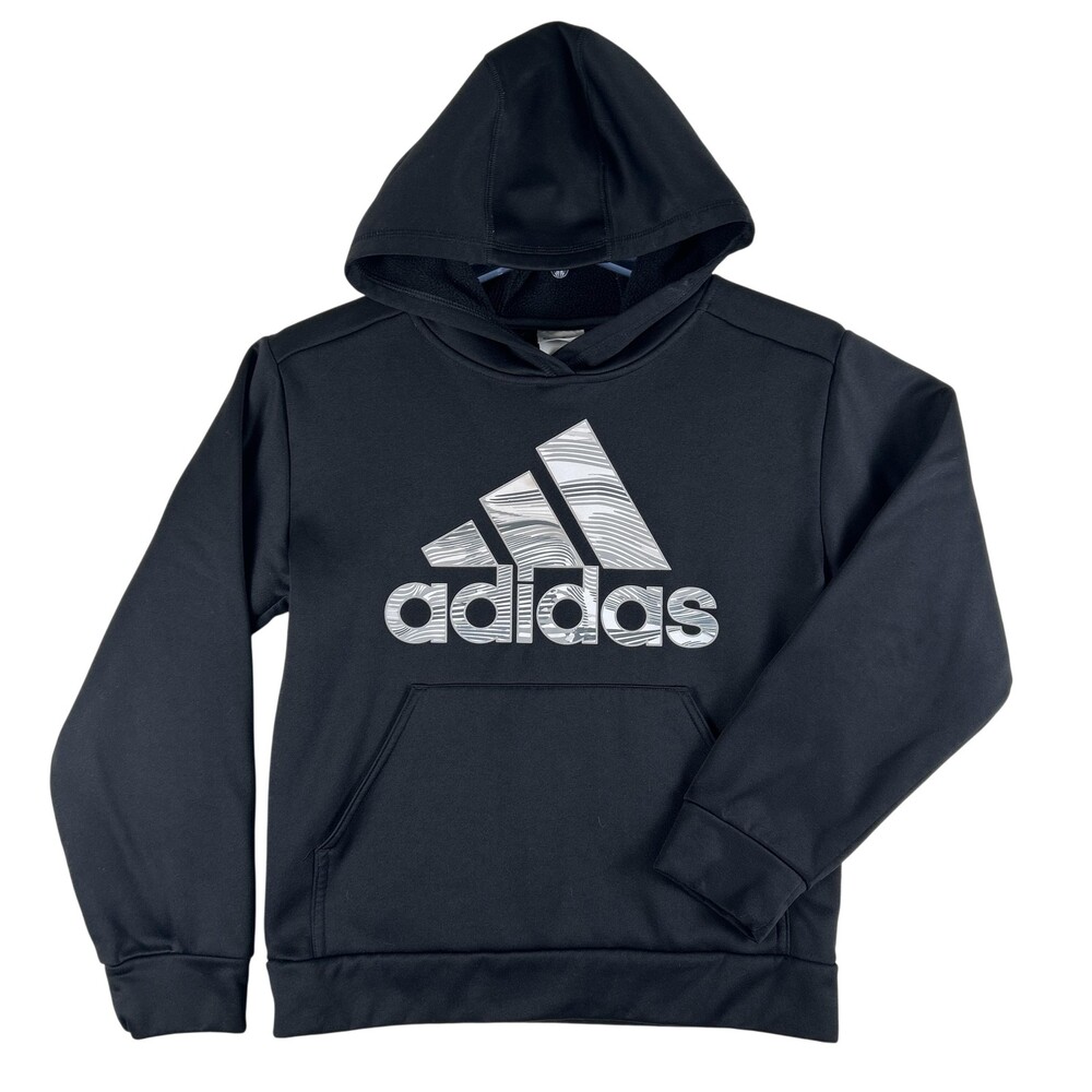 Adidas Hoodie Kids 10/12 Black Pullover Fleece Sweatshirt Graphic Logo Athetic